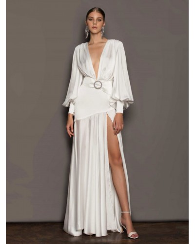 Maxi Dresses White V-Neck Birthday Long Sleeves High-slit Bridal Gown Sexy Party