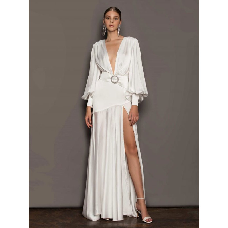 Maxi Dresses White V-Neck Birthday Long Sleeves High-slit Bridal Gown Sexy Party