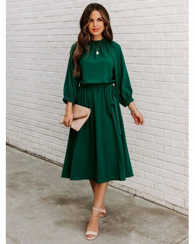 Women Sash Jewel Neck 3/4 Length Sleeves Midi Dress Maxi Fall