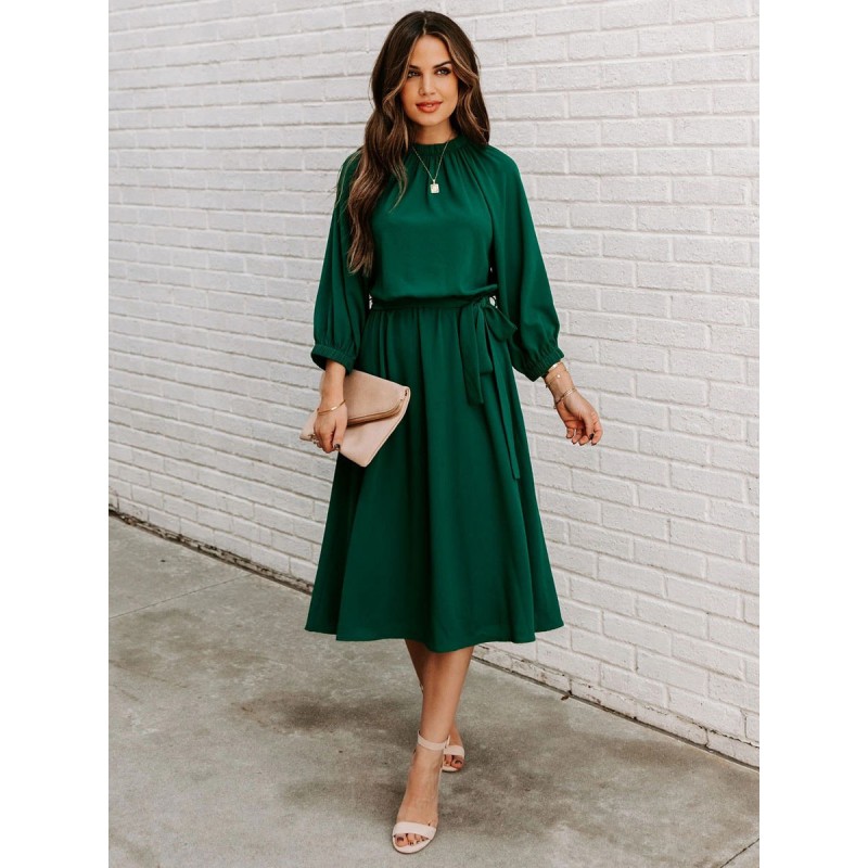 Women Sash Jewel Neck 3/4 Length Sleeves Midi Dress Maxi Fall