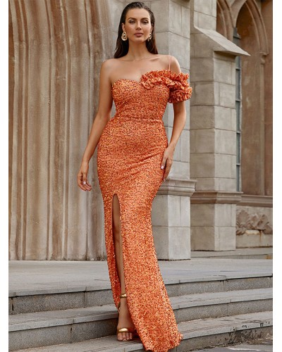 Women Party Dresses Orange Red One-Shoulder Pleated Short Sleeves High-slit Semi Formal Dress Maxi Summer