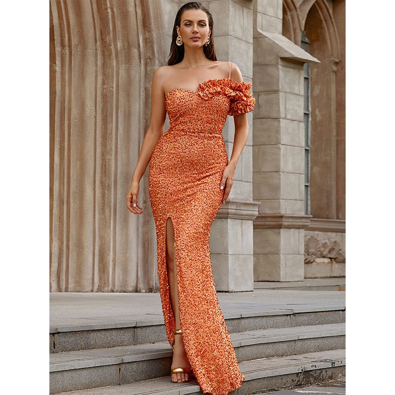 Women Party Dresses Orange Red One-Shoulder Pleated Short Sleeves High-slit Semi Formal Dress Maxi Summer