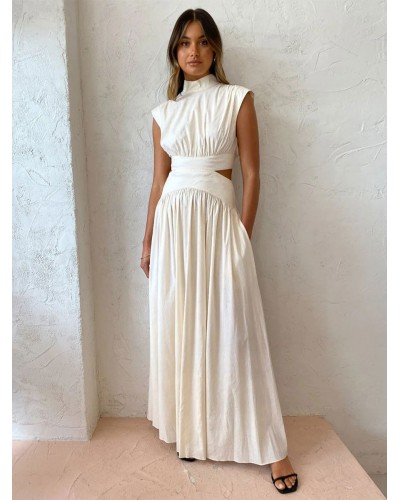 Women Dress High Collar Pleated Backless White Long Beach Dress Summer