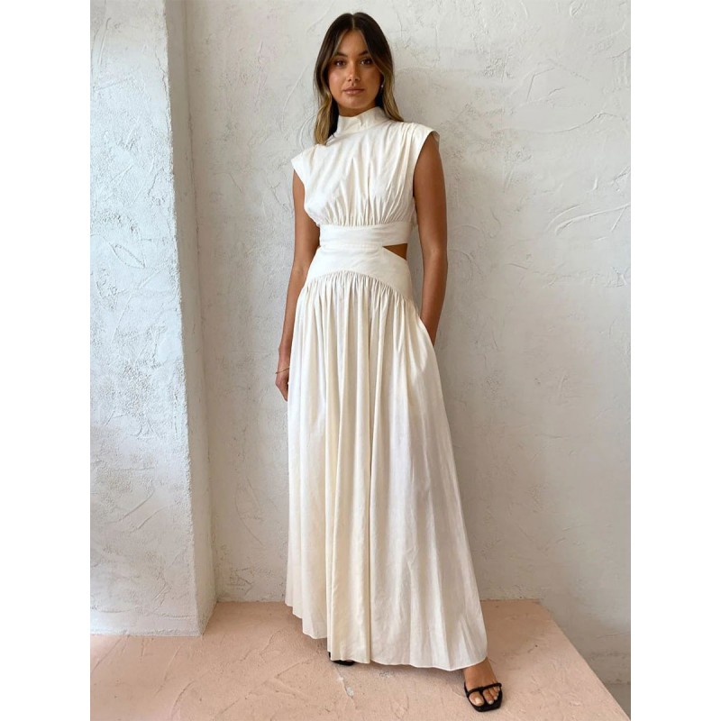 Women Dress High Collar Pleated Backless White Long Beach Dress Summer