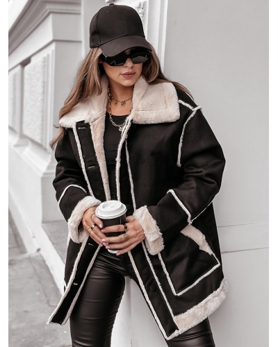 Women 's Jackets Turndown Collar Two-Tone Oversized Front Button Chic Pockets Black Winter Jacket Chic  Modern Casual Street Wear Daily Casual Field