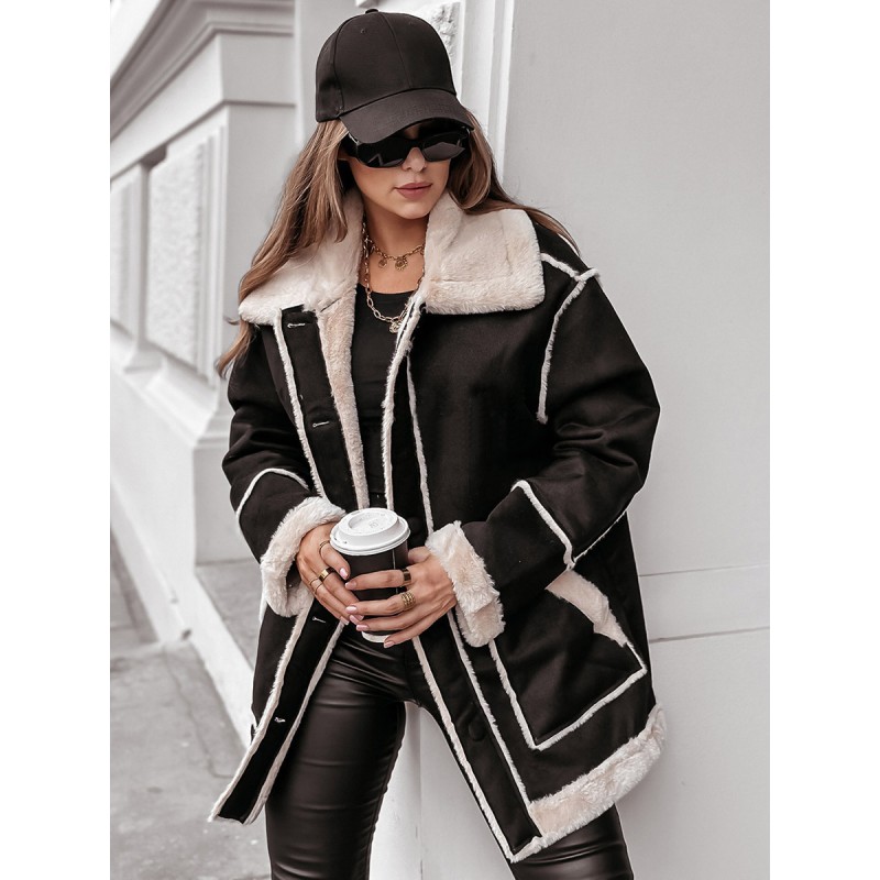 Women 's Jackets Turndown Collar Two-Tone Oversized Front Button Chic Pockets Black Winter Jacket Chic  Modern Casual Street Wear Daily Casual Field