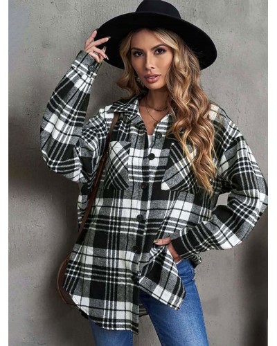 Women Shacket Jacket Turndown Collar Plaid Long Sleeve Fall Outerwear Classic  Traditional Casual Street Wear Daily Casual Field