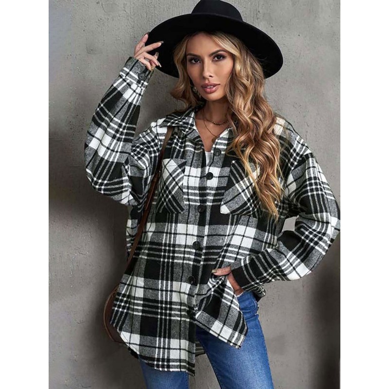 Women Shacket Jacket Turndown Collar Plaid Long Sleeve Fall Outerwear Classic  Traditional Casual Street Wear Daily Casual Field