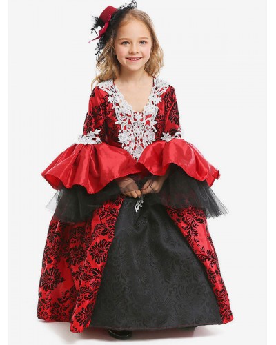 Kids Carnival Costumes Child Ture Red Vampire Lace Dress With Headwear Mardi Gras Halloween