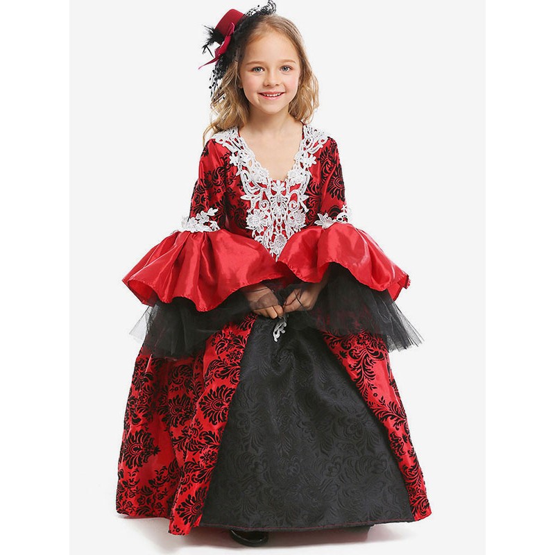 Kids Carnival Costumes Child Ture Red Vampire Lace Dress With Headwear Mardi Gras Halloween