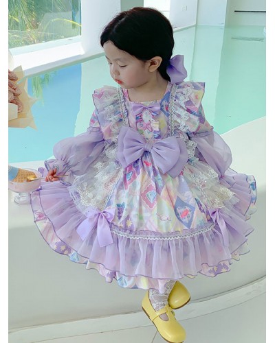 Polyester Tea Party Lace Long Sleeves Polyester Spring Dress Floral Print Purple Kids' Lolita Dresses Sweet ROCOCO