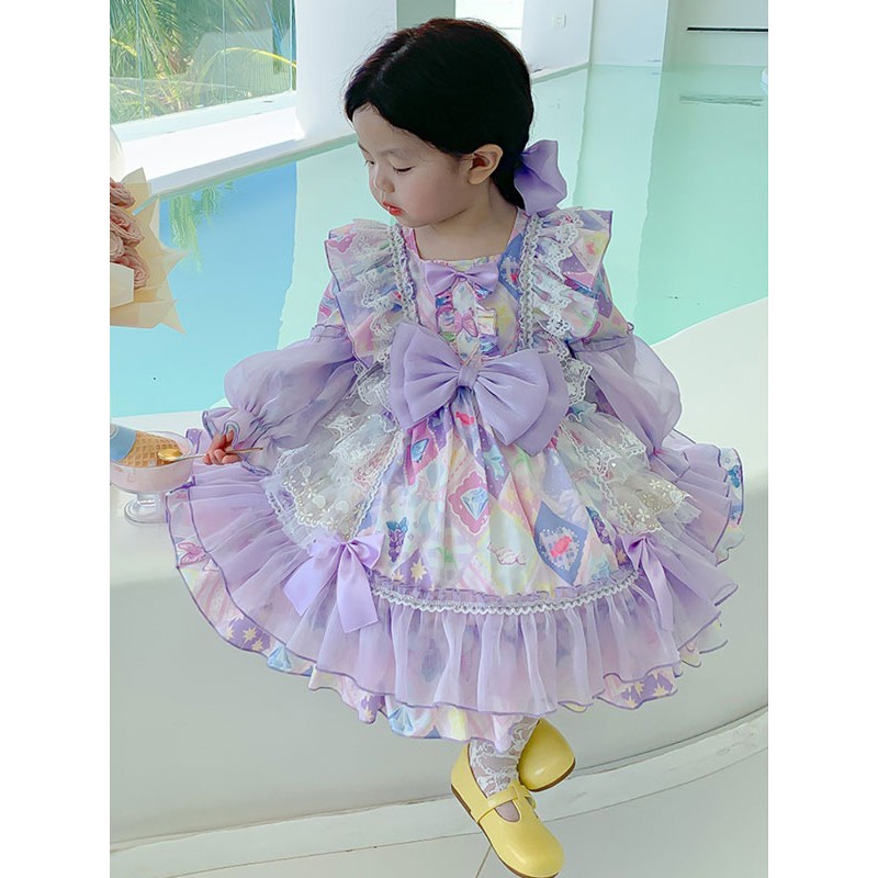 Polyester Tea Party Lace Long Sleeves Polyester Spring Dress Floral Print Purple Kids' Lolita Dresses Sweet ROCOCO