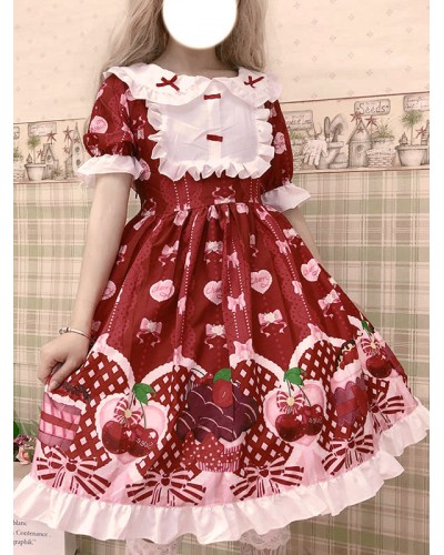 Lolita OP Dress Printed Red Bows Ruffles Lolita One Piece Dresses Sweet Summer Street Wear