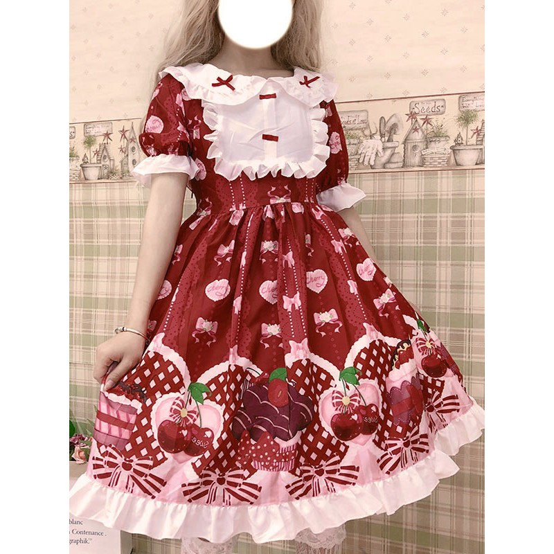 Lolita OP Dress Printed Red Bows Ruffles Lolita One Piece Dresses Sweet Summer Street Wear