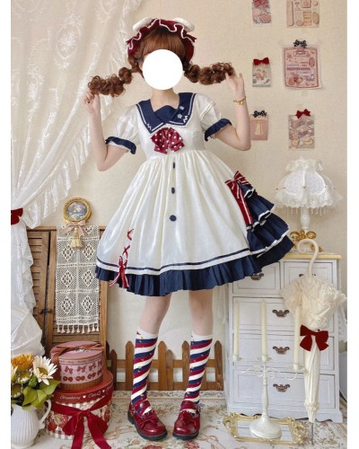 Sweet Lolita Dress Polyester Short Sleeves Dress Navy Style Lolita Dress