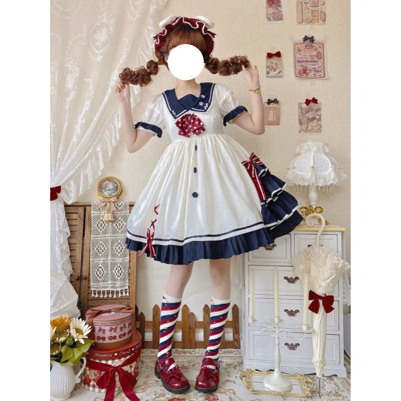 Sweet Lolita Dress Polyester Short Sleeves Dress Navy Style Lolita Dress