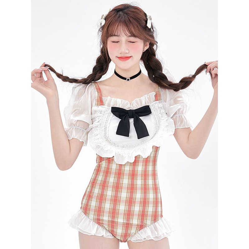 Lolita Outfits White Ruffles Bows Plaid Short Sleeves Jumpsuit Sweet