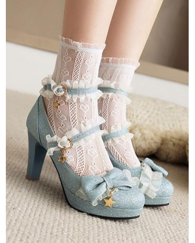 ROCOCO Style Lolita Footwear Light Sky Blue Ruffles PU Leather Chunky Heel Lolita Pumps Shoes