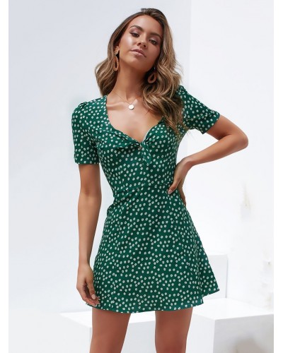 Summer Dress V Neck Ditsy Floral Print Knotted Short Beach Dress Pastoral Style Resort Wear