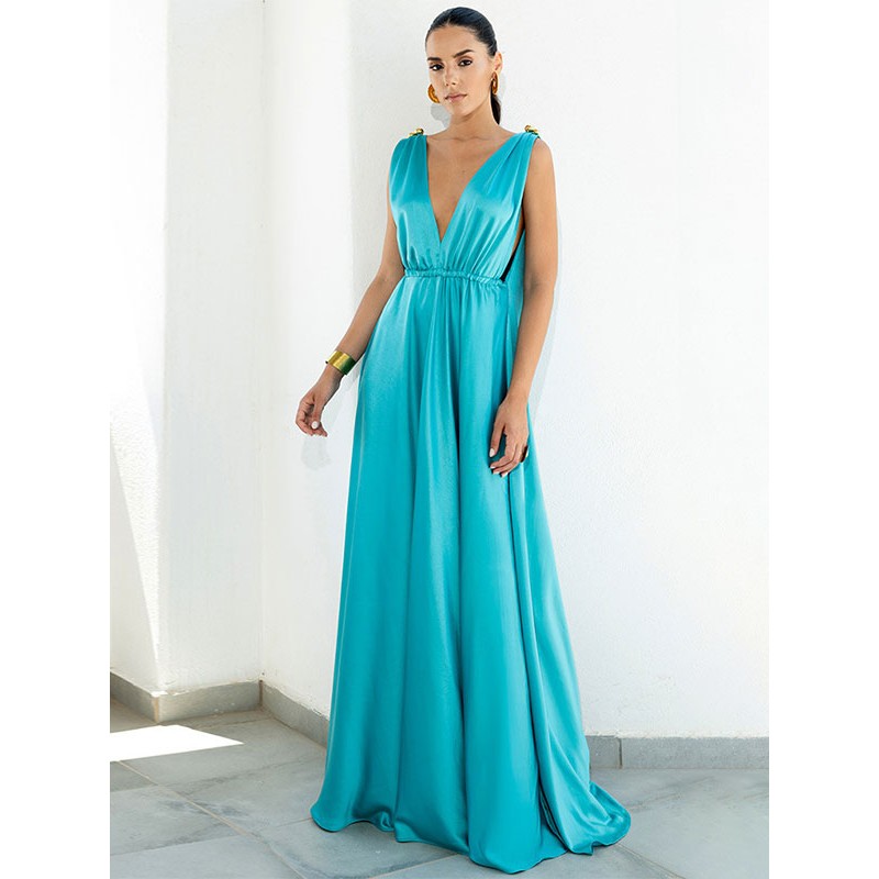 Women Birthday Party Dresses Light Sky Blue V-Neck Metal Details Sleeveless Backless Semi Formal Dress Sexy Summer