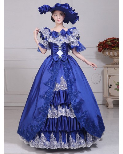 Women Blue Retro Costumes 's Lace Bows Polyester Marie Antoinette Costume Dress Hat Masquerade Ball Gown Tunic Vintage Euro-Style