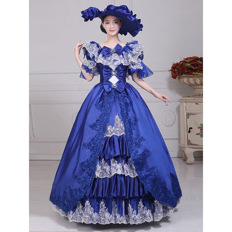 Women Blue Retro Costumes 's Lace Bows Polyester Marie Antoinette Costume Dress Hat Masquerade Ball Gown Tunic Vintage Euro-Style