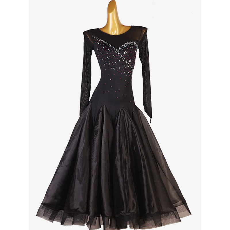 Women Ballroom Dance Costumes Black 's Elegant Lycra Spandex Rhinestones Dress Dance Wear