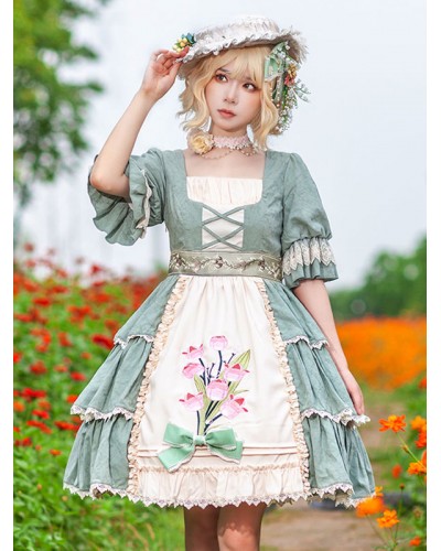 Classical Lolita Dress Cotton Ruffles Lolita Dresses Short Sleeves Floral Print Sage