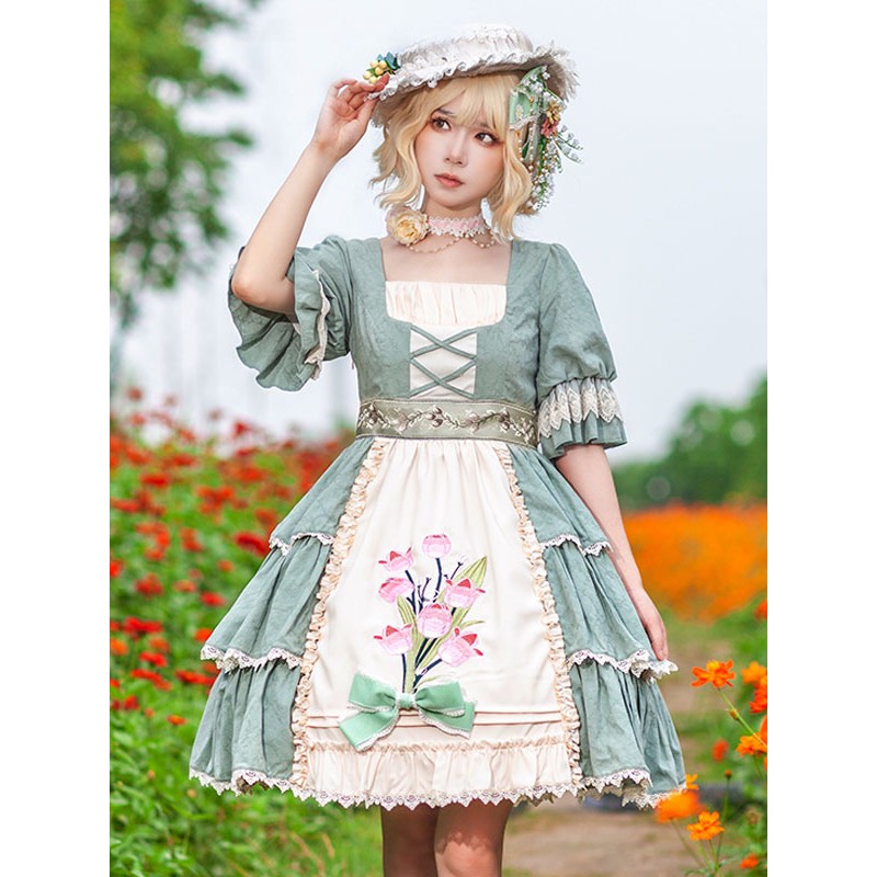 Classical Lolita Dress Cotton Ruffles Lolita Dresses Short Sleeves Floral Print Sage