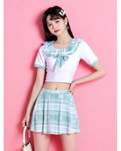 Lolita Outfits Light Sky Blue Bows Plaid Short Sleeves Top Pants Sets Sweet Daily Casual