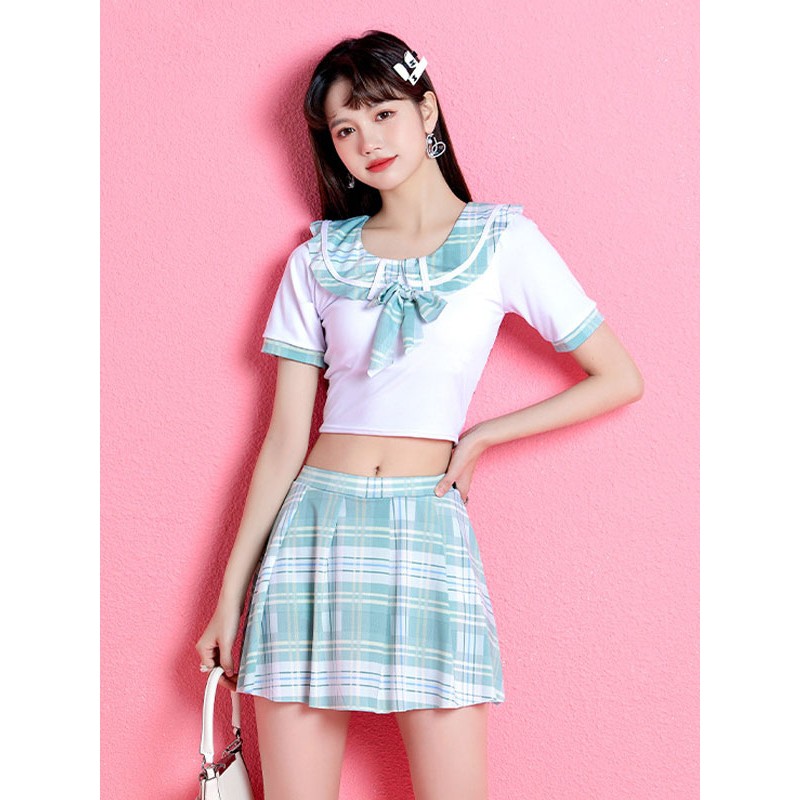 Lolita Outfits Light Sky Blue Bows Plaid Short Sleeves Top Pants Sets Sweet Daily Casual