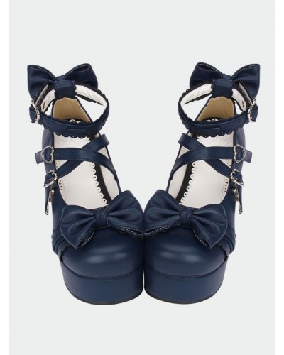 Navy Blue Lolita Chunky Pony Heels Shoes Platform Ankle Straps Bows Heart Shape Buckles