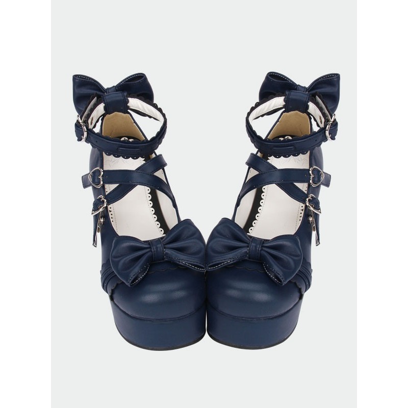 Navy Blue Lolita Chunky Pony Heels Shoes Platform Ankle Straps Bows Heart Shape Buckles