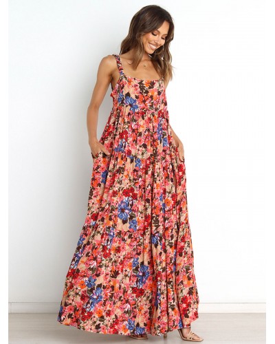 Women Maxi Dress Straps Neck Sleeveless Printed Long Dress Sexy Summer