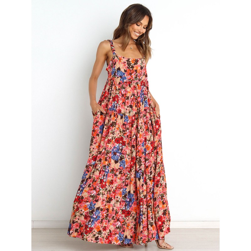 Women Maxi Dress Straps Neck Sleeveless Printed Long Dress Sexy Summer