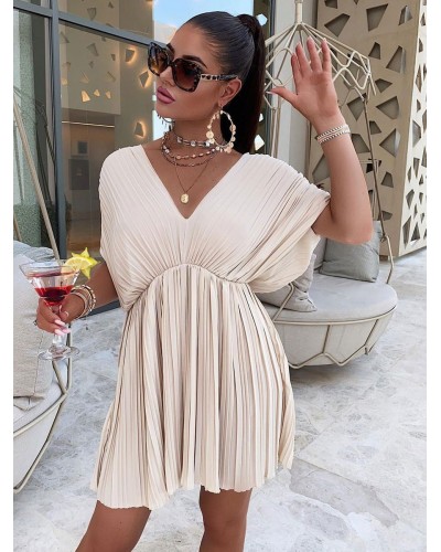 Skater Dresses V-Neck Pleated Apricot Sexy Short Sleeves Flared Dress Summer Field Dating