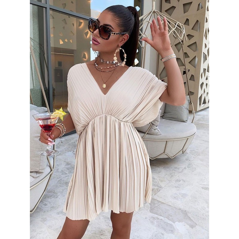 Skater Dresses V-Neck Pleated Apricot Sexy Short Sleeves Flared Dress Summer Field Dating