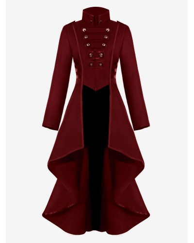 Retro Costumes Women's Overcoat Dark Red Stand Collar Button Up Ruffle High Low Vintage Clothing Middle Ages Holiday