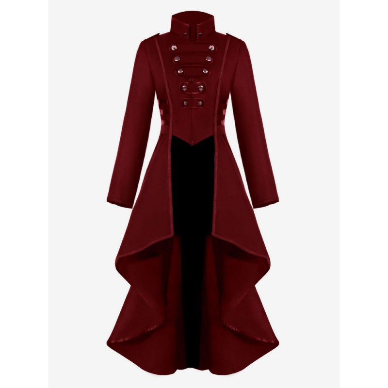 Retro Costumes Women's Overcoat Dark Red Stand Collar Button Up Ruffle High Low Vintage Clothing Middle Ages Holiday