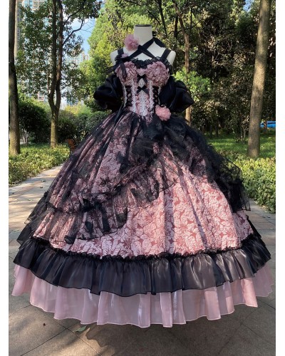 Gothic Lolita Dresses Ruffles Flowers Floral Print Pink Pink