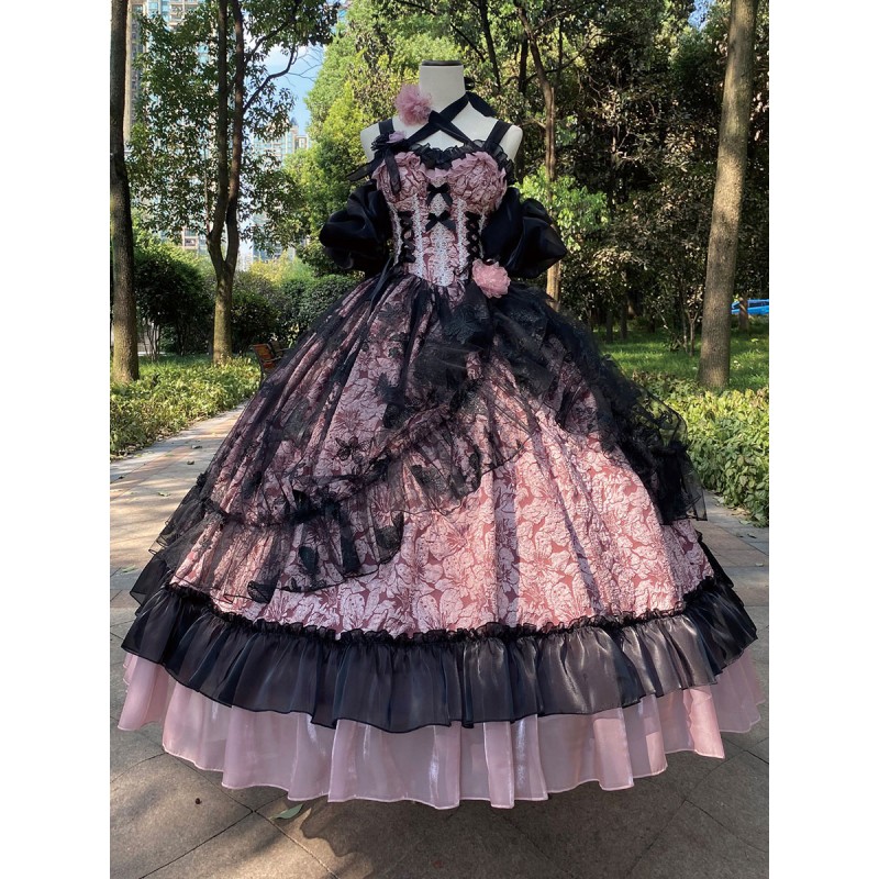 Gothic Lolita Dresses Ruffles Flowers Floral Print Pink Pink