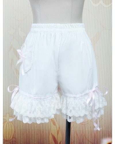 Lolita White Cotton Lace Trim Heart Shape Pocket Bow Ribbon Bloomers