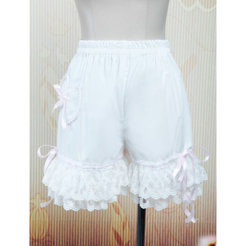 Lolita White Cotton Lace Trim Heart Shape Pocket Bow Ribbon Bloomers