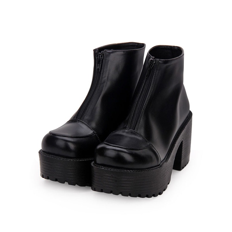 Gothic Lolita Booties Zipper Platform Chunky Heel Black Lolita Ankle Boots Punk Daily Casual Tea Party