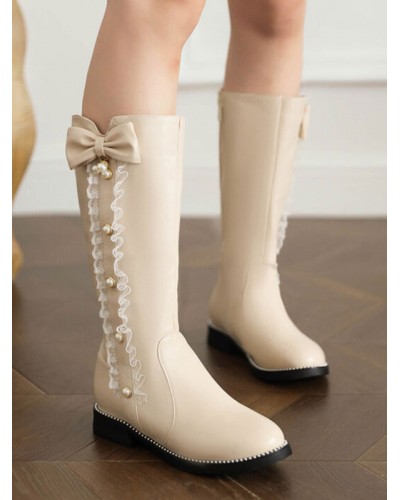 Sweet Lolita Boots PU Leather Bows Round Toe Ecru White Lolita Footwear Daily Casual Tea Party