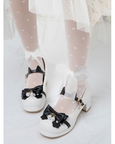 Sweet Lolita Footwear White PU Leather Round Toe Black Bowknot Lolita Shoes Daily Casual