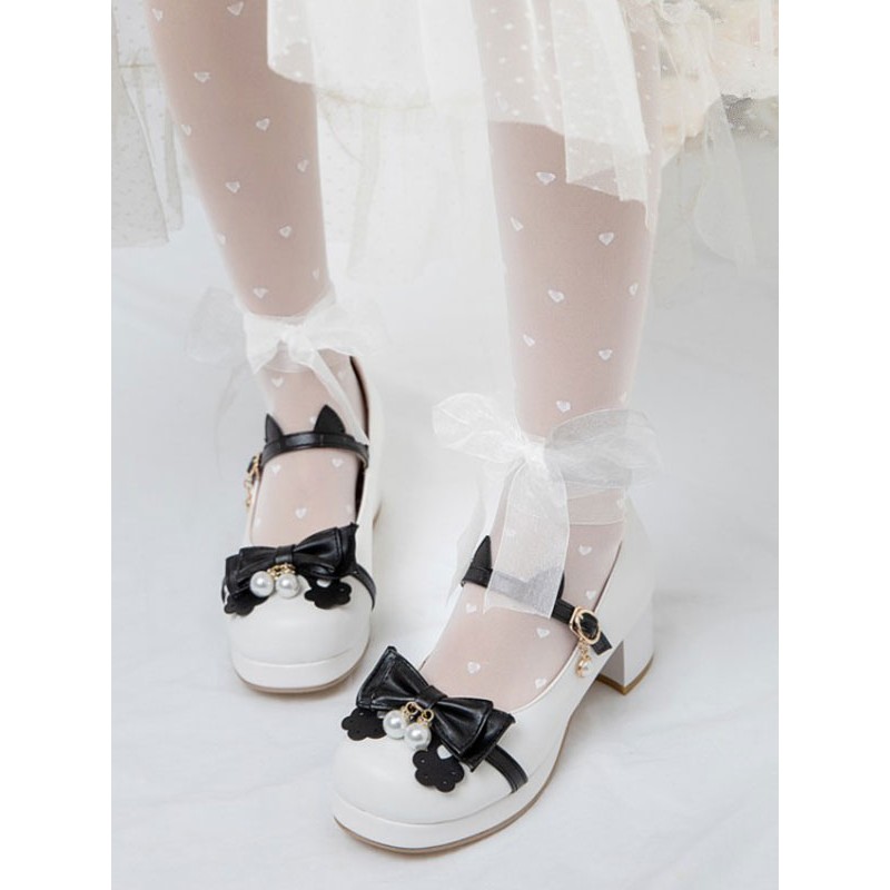 Sweet Lolita Footwear White PU Leather Round Toe Black Bowknot Lolita Shoes Daily Casual