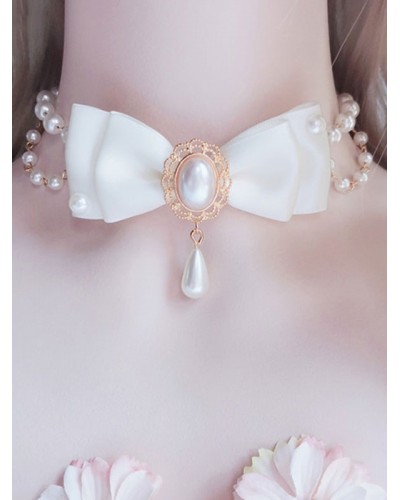 White Lolita Necklace Pearls Polyester Bows Sweet Lolita Chocker