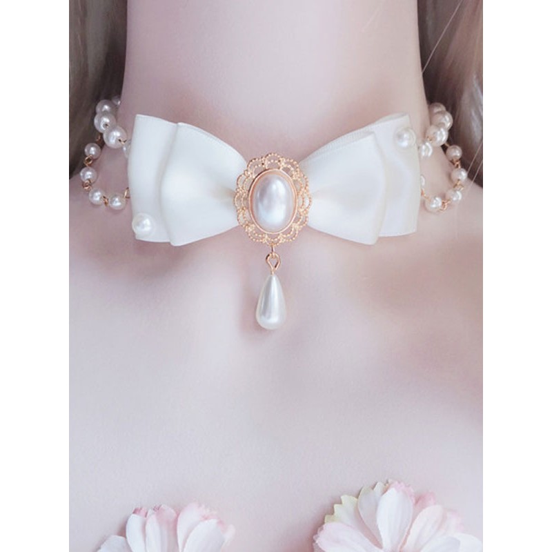 White Lolita Necklace Pearls Polyester Bows Sweet Lolita Chocker