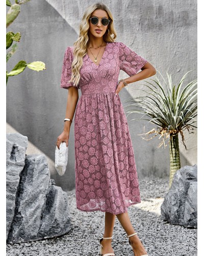 Layered Casual V-Neck Short Sleeves Lace Dresses Summer Street Wear Daily Casual